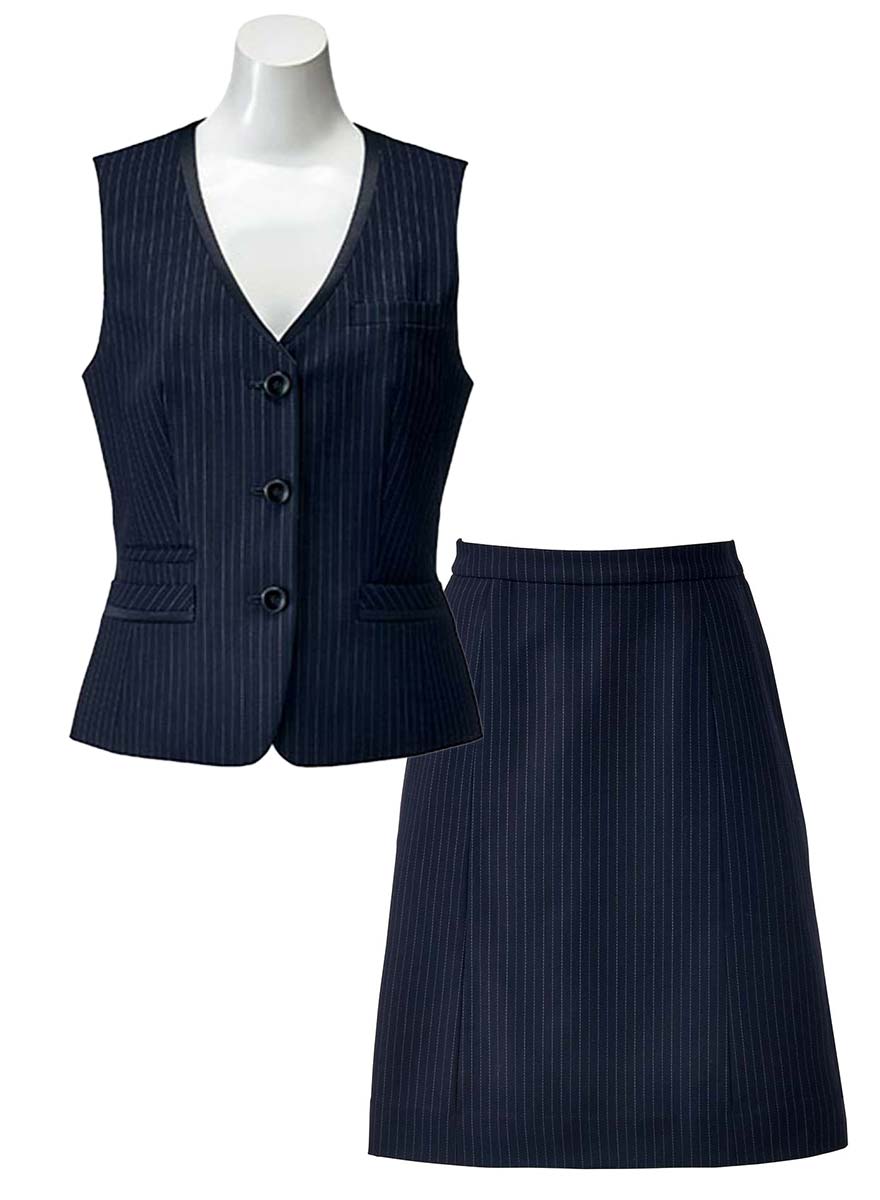 衿のラインに施されたサテンがさりげなく輝くカラーストライプのベスト+スカートセット - AV1257/AS2300商品画像9